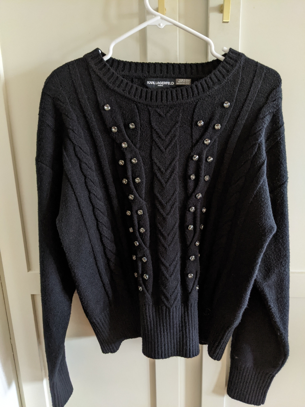 Karl Lagerfeld Black Cable Knit Stud-Detail Crewneck Sweater